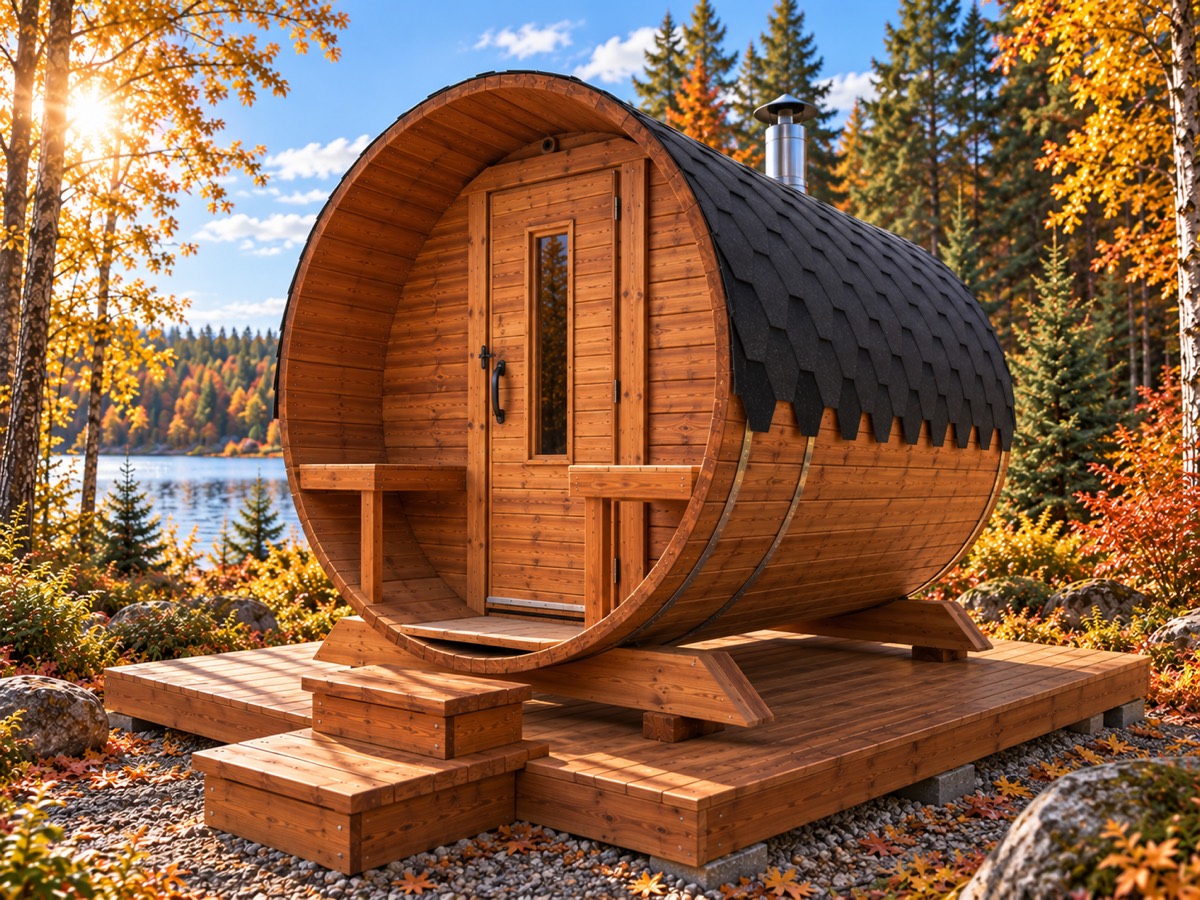 Fasssauna 2 m mit Terrasse — sauna beczka 2,0 m + Terrasse 0,5 m