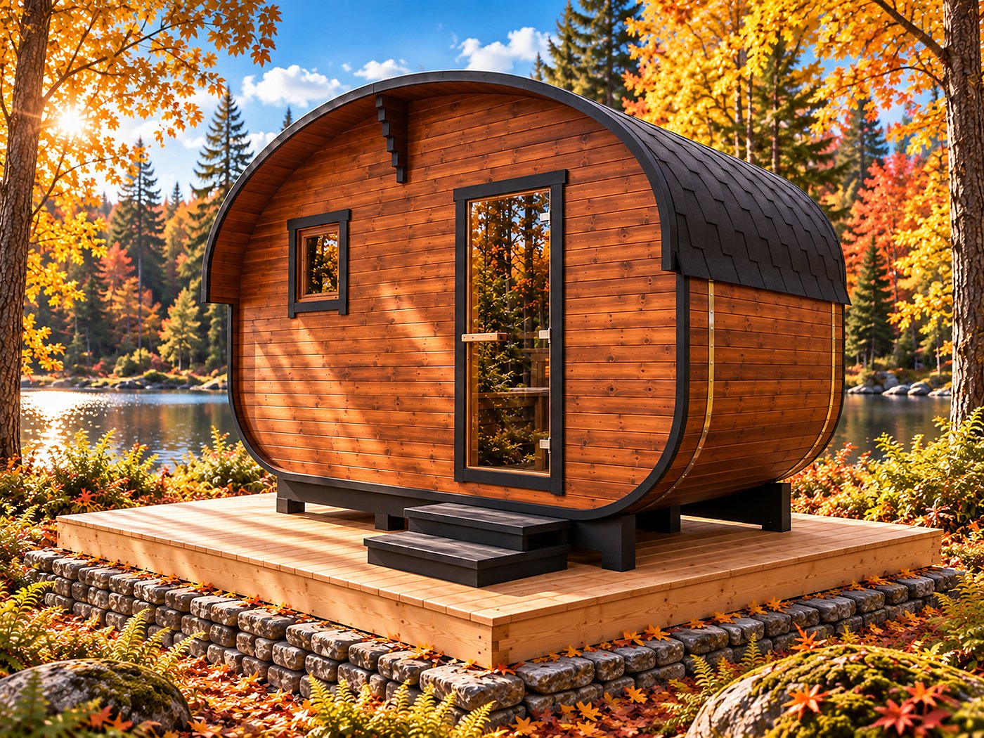 Quadro Oval 4×2 m — sauna beczka 4,1 × 2,4 m